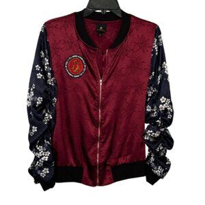 Disney Princess Burgundy Mulan Zip Front Satin Bomber Jacket Juniors Woman Sz L